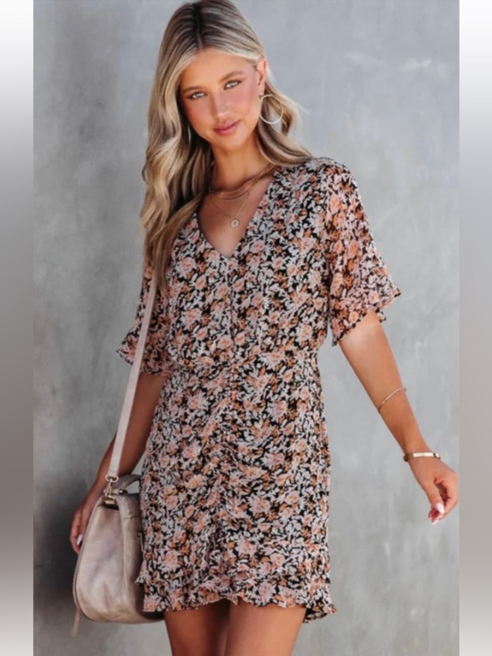 Collective Collections Peach Floral Print Ruched Ruffle Mini Dress Size Small